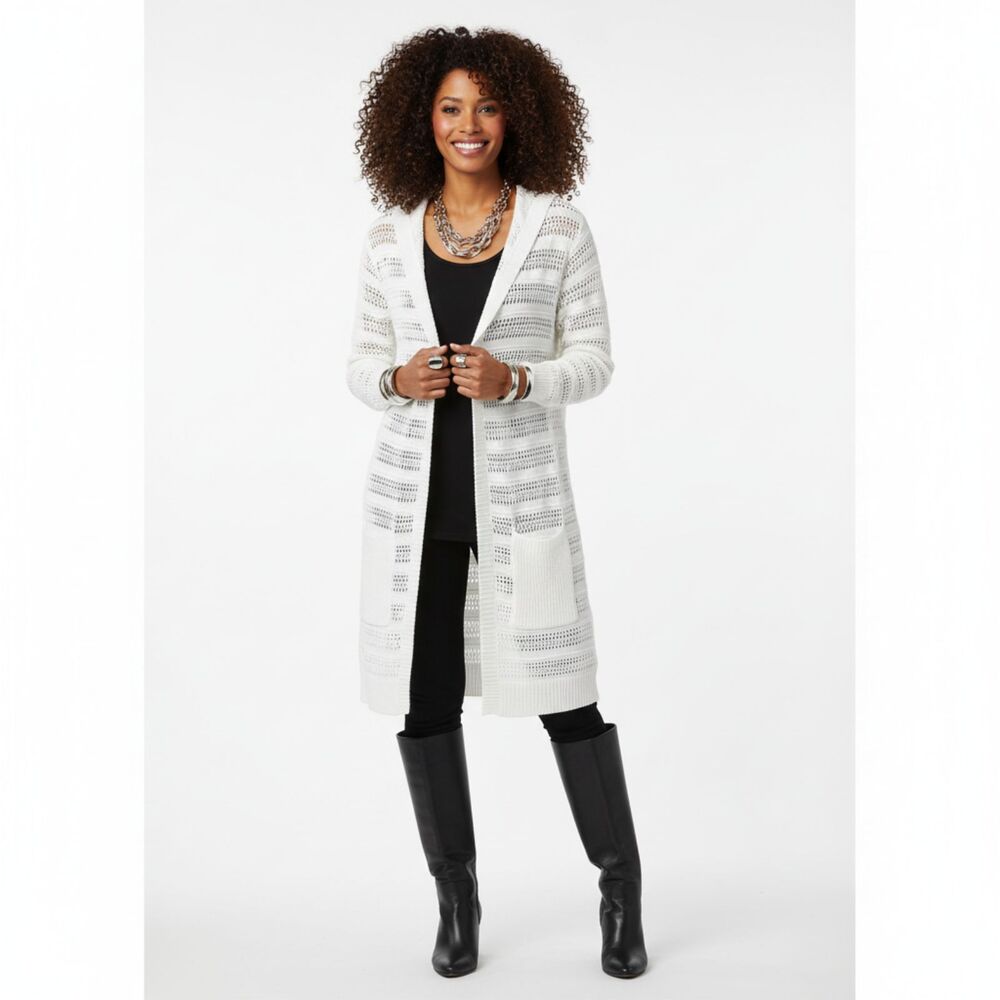 Eddie Bauer Women's White Knit Crochet‎ Open Front Long Sleeve Hoody Sweater M